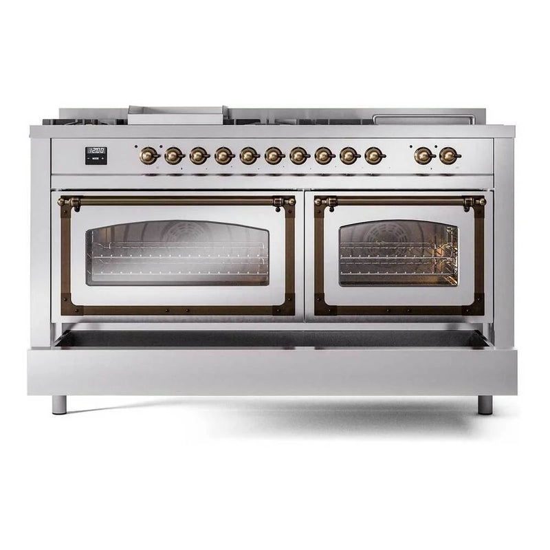 ILVE Nostalgie II Noblesse 60" Dual Fuel Freestanding Range in Stainless Steel with Burnished Trim, UN60FSNMPSSBLP