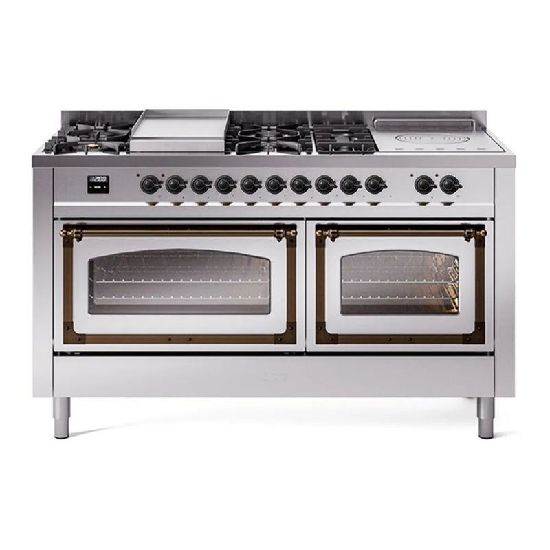 ILVE Nostalgie II Noblesse 60" Dual Fuel Freestanding Range in Stainless Steel with Burnished Trim, UN60FSNMPSSB