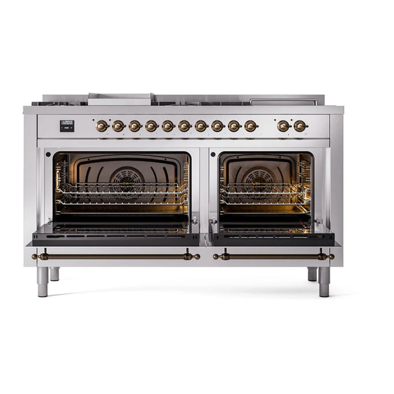 ILVE Nostalgie II Noblesse 60" Dual Fuel Freestanding Range in Stainless Steel with Burnished Trim, UN60FSNMPSSB