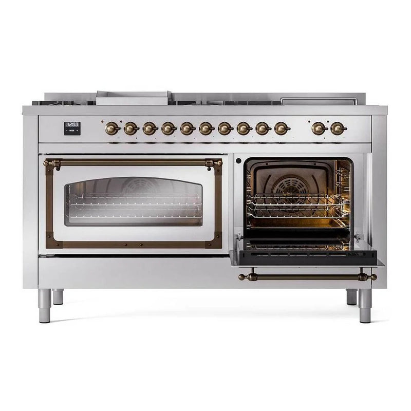 ILVE Nostalgie II Noblesse 60" Dual Fuel Freestanding Range in Stainless Steel with Burnished Trim, UN60FSNMPSSB