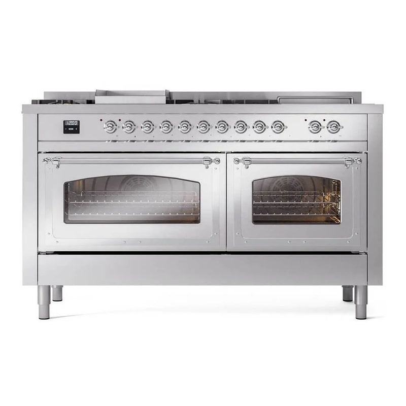 ILVE Nostalgie II Noblesse 60" Dual Fuel Freestanding Range in Stainless Steel with Chrome Trim, UN60FSNMPSSCLP