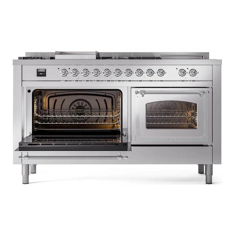 ILVE Nostalgie II Noblesse 60" Dual Fuel Freestanding Range in Stainless Steel with Chrome Trim, UN60FSNMPSSCLP