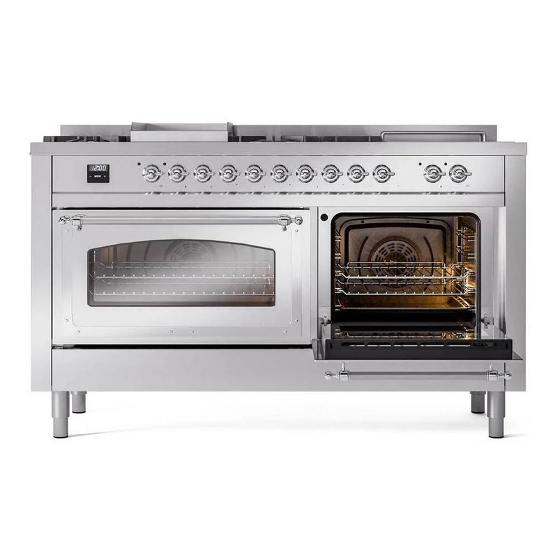 ILVE Nostalgie II Noblesse 60" Dual Fuel Freestanding Range in Stainless Steel with Chrome Trim, UN60FSNMPSSCLP