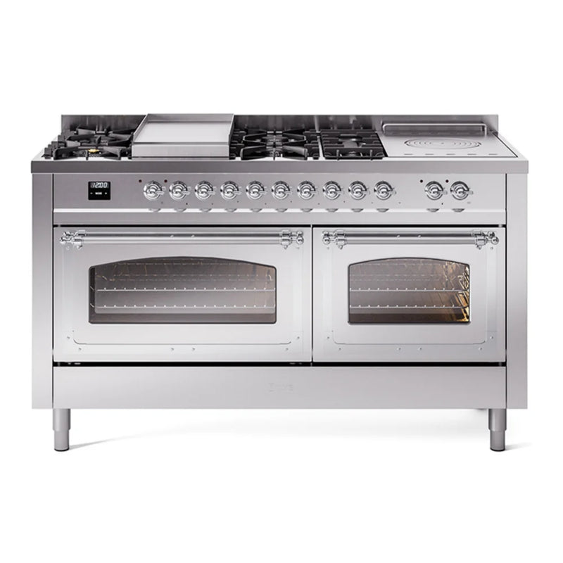 ILVE Nostalgie II Noblesse 60" Dual Fuel Freestanding Range in Stainless Steel with Chrome Trim, UN60FSNMPSSC