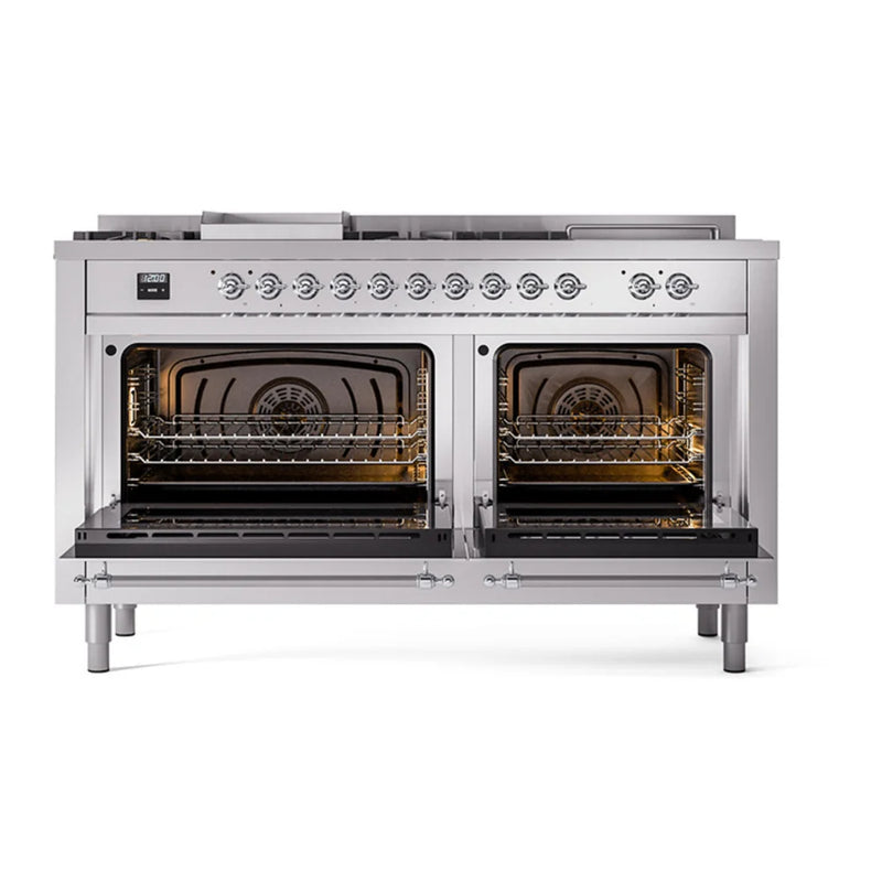 ILVE Nostalgie II Noblesse 60" Dual Fuel Freestanding Range in Stainless Steel with Chrome Trim, UN60FSNMPSSC