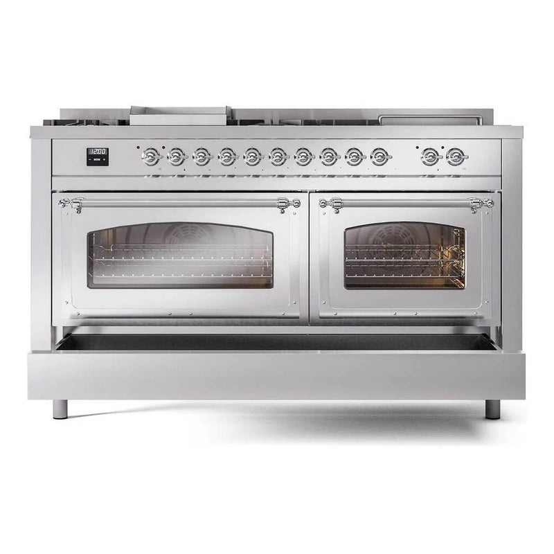 ILVE Nostalgie II Noblesse 60" Dual Fuel Freestanding Range in Stainless Steel with Chrome Trim, UN60FSNMPSSC