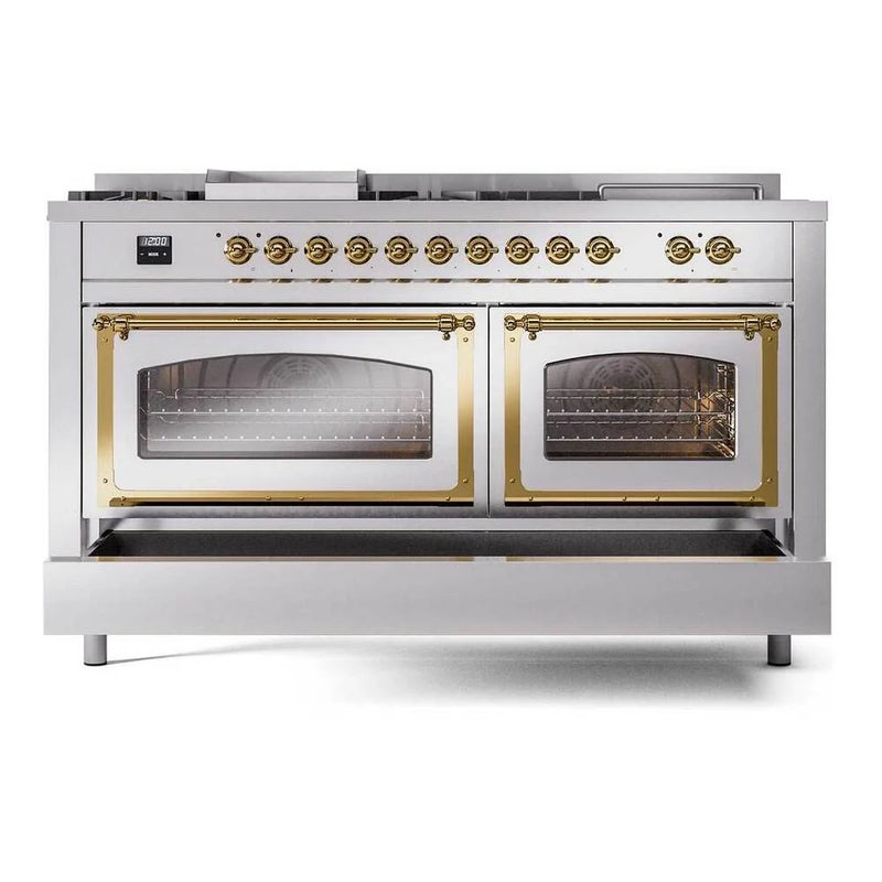 ILVE Nostalgie II Noblesse 60" Dual Fuel Freestanding Range in Stainless Steel with Brass Trim, UN60FSNMPSSGLP