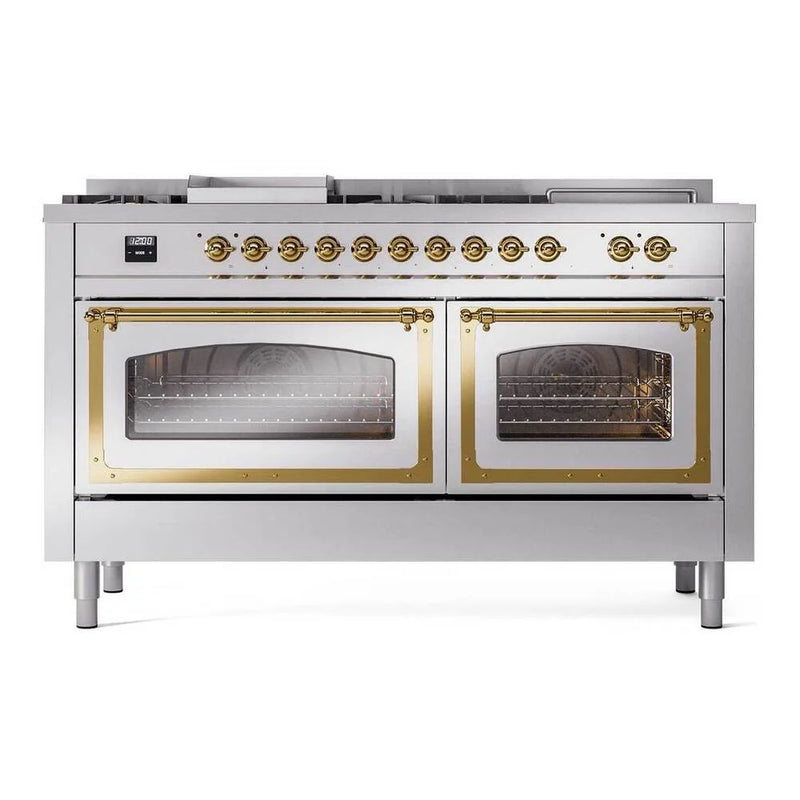 ILVE Nostalgie II Noblesse 60" Dual Fuel Freestanding Range in Stainless Steel with Brass Trim, UN60FSNMPSSG
