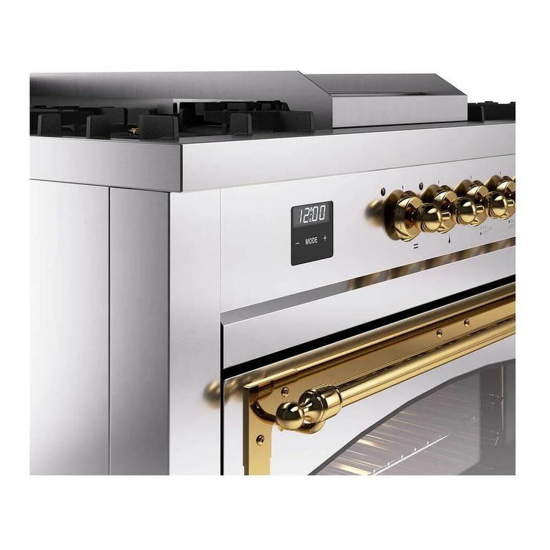 ILVE Nostalgie II Noblesse 60" Dual Fuel Freestanding Range in Stainless Steel with Brass Trim, UN60FSNMPSSG