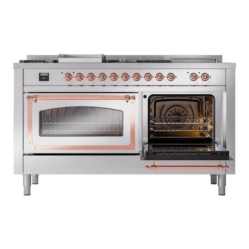 ILVE Nostalgie II Noblesse 60" Dual Fuel Freestanding Range in Stainless Steel with Copper Trim, UN60FSNMPSSPLP