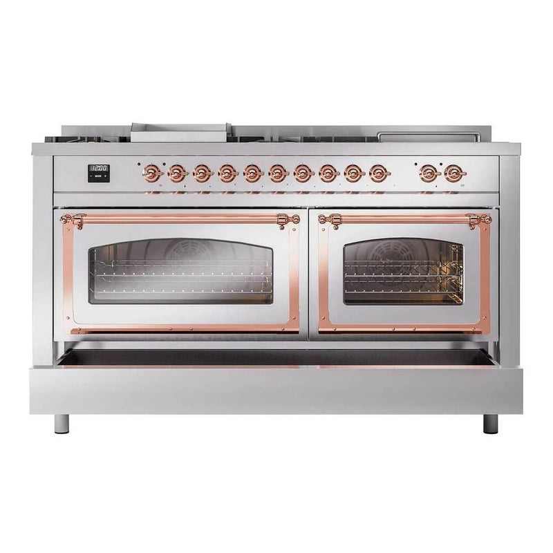 ILVE Nostalgie II Noblesse 60" Dual Fuel Freestanding Range in Stainless Steel with Copper Trim, UN60FSNMPSSPLP