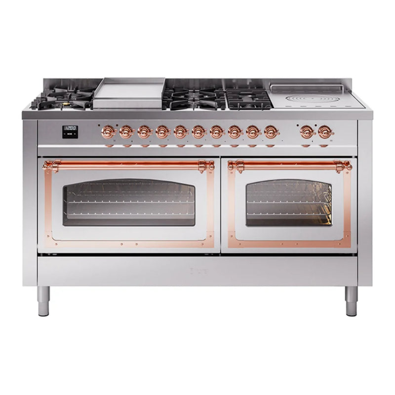 ILVE Nostalgie II Noblesse 60" Dual Fuel Freestanding Range in Stainless Steel with Copper Trim, UN60FSNMPSSP