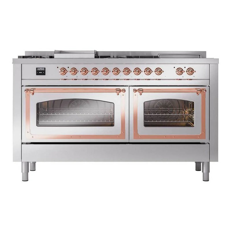 ILVE Nostalgie II Noblesse 60" Dual Fuel Freestanding Range in Stainless Steel with Copper Trim, UN60FSNMPSSP