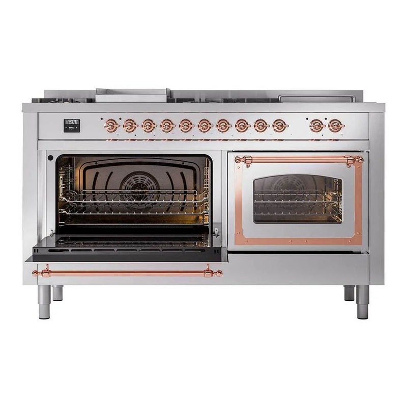 ILVE Nostalgie II Noblesse 60" Dual Fuel Freestanding Range in Stainless Steel with Copper Trim, UN60FSNMPSSP