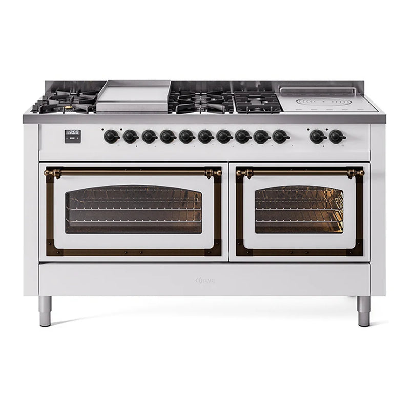 ILVE Nostalgie II Noblesse 60" Dual Fuel Freestanding Range in White with Burnished Trim, UN60FSNMPWHBLP