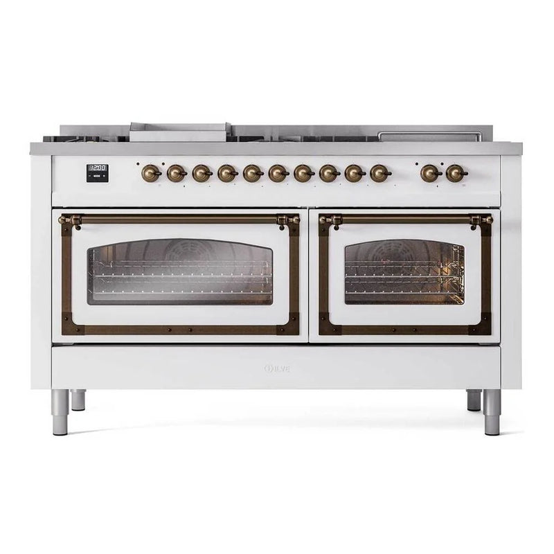 ILVE Nostalgie II Noblesse 60" Dual Fuel Freestanding Range in White with Burnished Trim, UN60FSNMPWHBLP