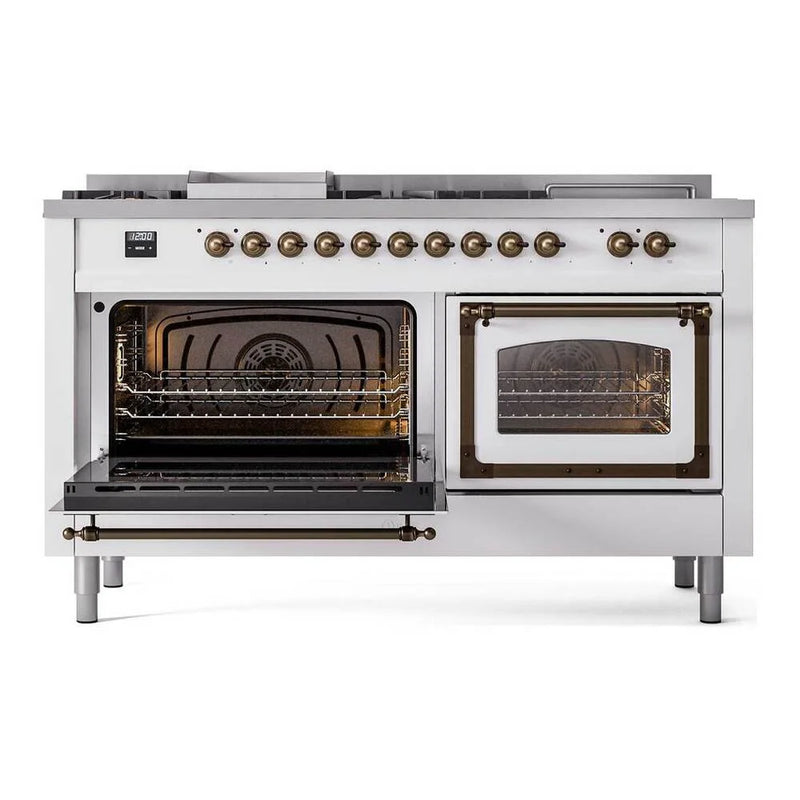 ILVE Nostalgie II Noblesse 60" Dual Fuel Freestanding Range in White with Burnished Trim, UN60FSNMPWHBLP
