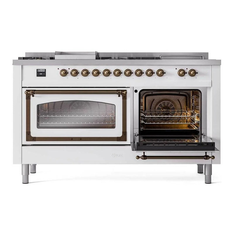 ILVE Nostalgie II Noblesse 60" Dual Fuel Freestanding Range in White with Burnished Trim, UN60FSNMPWHBLP