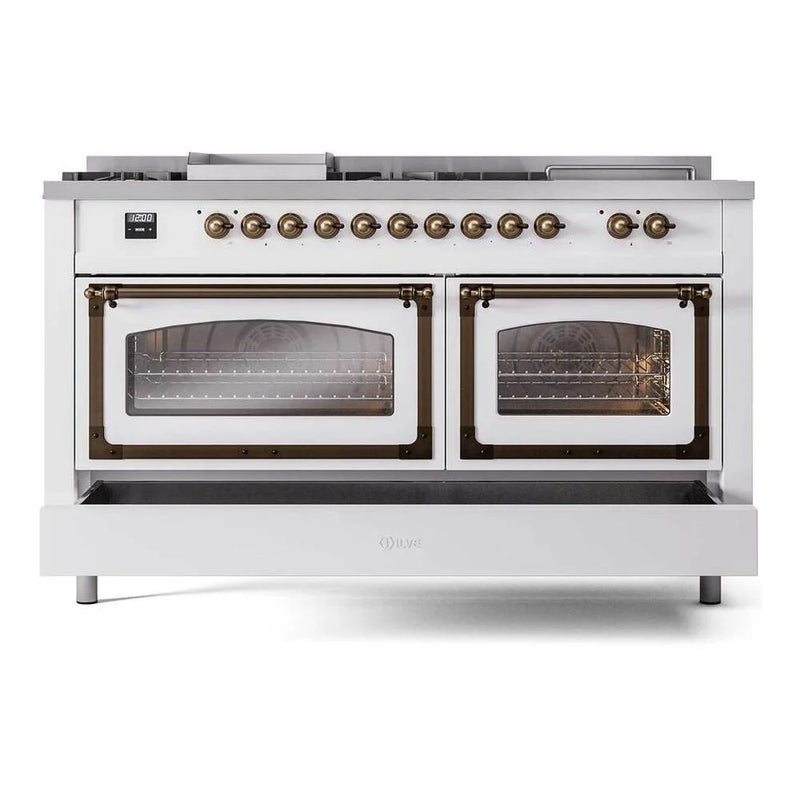 ILVE Nostalgie II Noblesse 60" Dual Fuel Freestanding Range in White with Burnished Trim, UN60FSNMPWHBLP