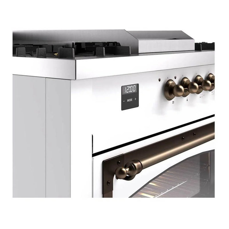 ILVE Nostalgie II Noblesse 60" Dual Fuel Freestanding Range in White with Burnished Trim, UN60FSNMPWHBLP
