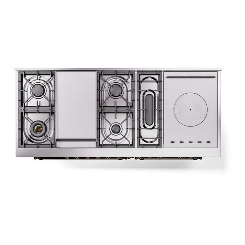 ILVE Nostalgie II Noblesse 60" Dual Fuel Freestanding Range in White with Burnished Trim, UN60FSNMPWHBLP