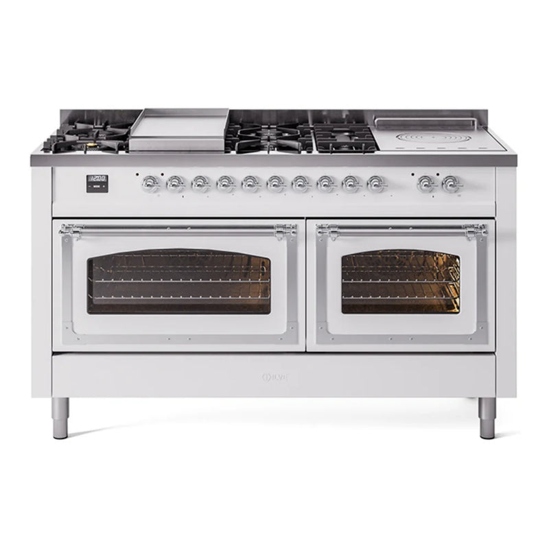 ILVE Nostalgie II Noblesse 60" Dual Fuel Freestanding Range in White with Chrome Trim, UN60FSNMPWHCLP