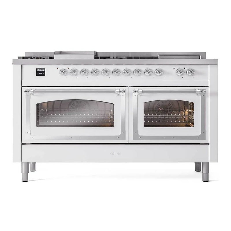 ILVE Nostalgie II Noblesse 60" Dual Fuel Freestanding Range in White with Chrome Trim, UN60FSNMPWHCLP