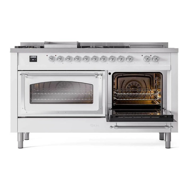 ILVE Nostalgie II Noblesse 60" Dual Fuel Freestanding Range in White with Chrome Trim, UN60FSNMPWHCLP
