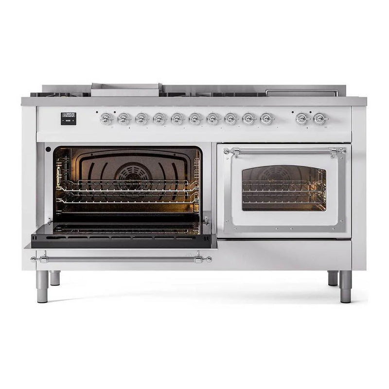 ILVE Nostalgie II Noblesse 60" Dual Fuel Freestanding Range in White with Chrome Trim, UN60FSNMPWHC