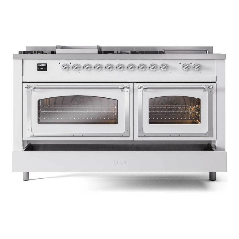 ILVE Nostalgie II Noblesse 60" Dual Fuel Freestanding Range in White with Chrome Trim, UN60FSNMPWHC