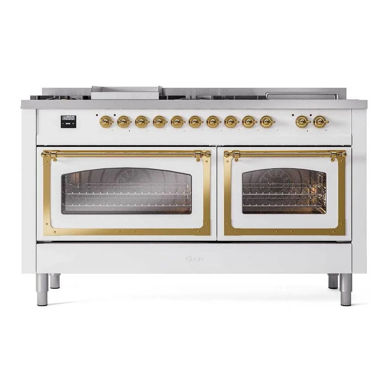ILVE Nostalgie II Noblesse 60" Dual Fuel Freestanding Range in White with Brass Trim, UN60FSNMPWHGLP