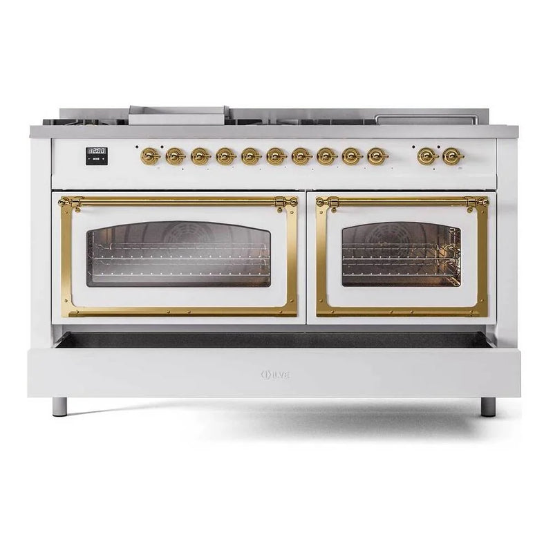 ILVE Nostalgie II Noblesse 60" Dual Fuel Freestanding Range in White with Brass Trim, UN60FSNMPWHGLP