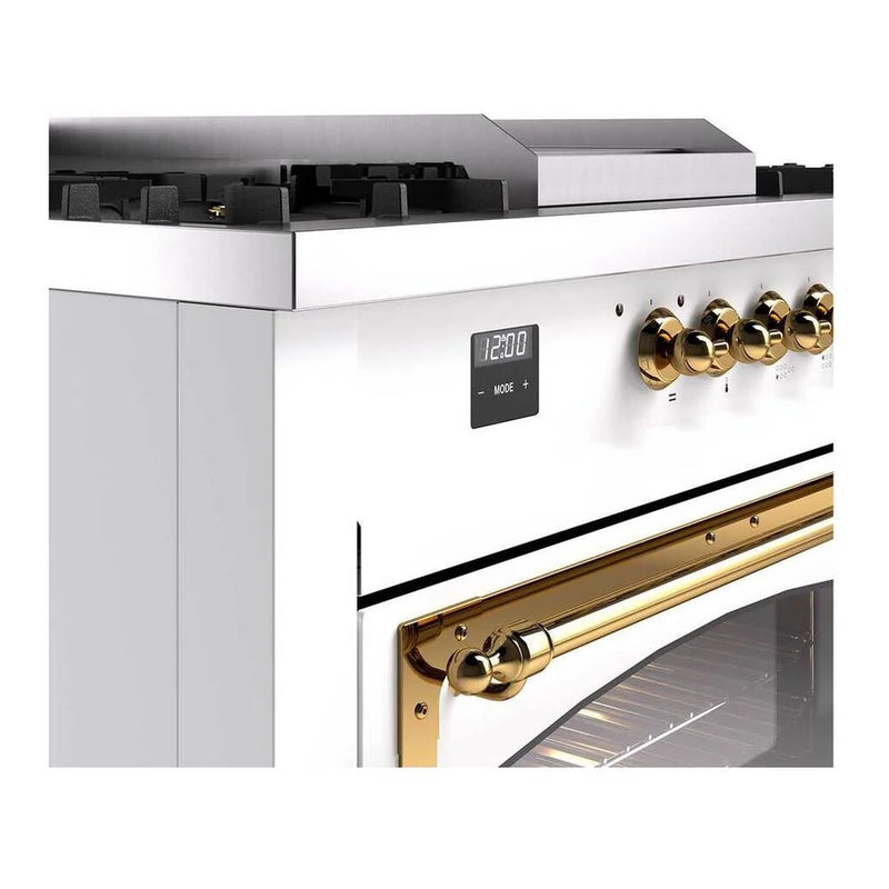 ILVE Nostalgie II Noblesse 60" Dual Fuel Freestanding Range in White with Brass Trim, UN60FSNMPWHGLP