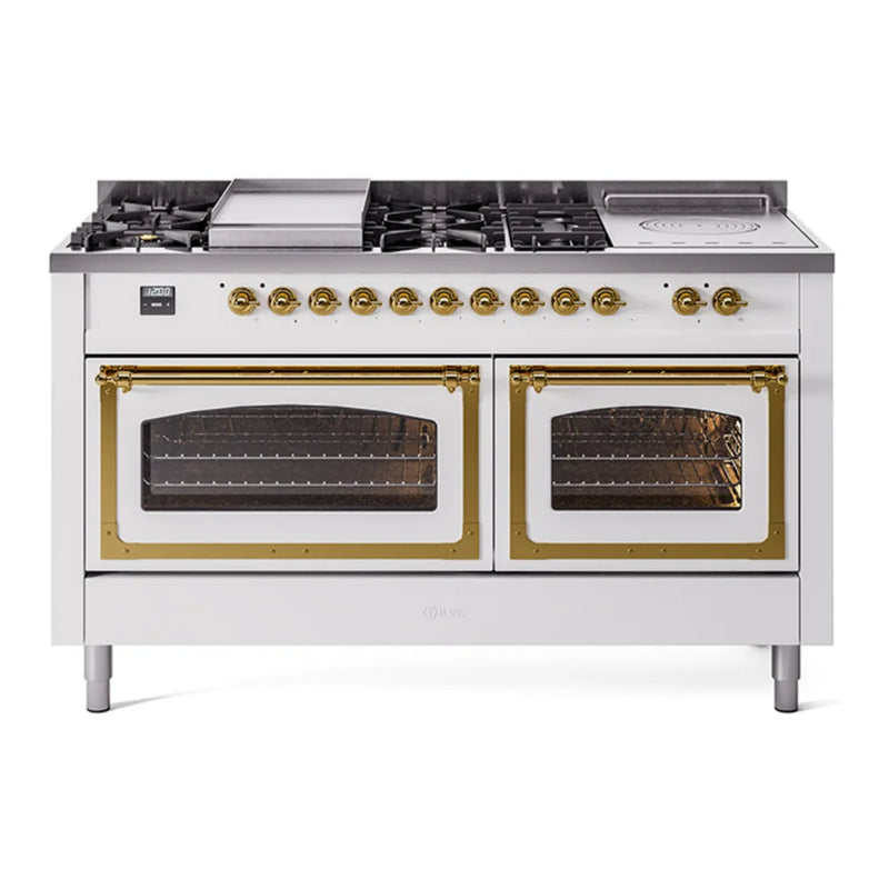 ILVE Nostalgie II Noblesse 60" Dual Fuel Freestanding Range in White with Brass Trim, UN60FSNMPWHG