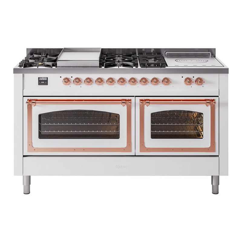 ILVE Nostalgie II Noblesse 60" Dual Fuel Freestanding Range in White with Copper Trim, UN60FSNMPWHPLP