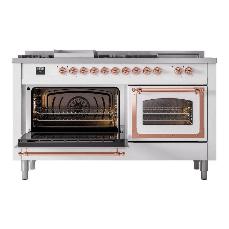 ILVE Nostalgie II Noblesse 60" Dual Fuel Freestanding Range in White with Copper Trim, UN60FSNMPWHPLP