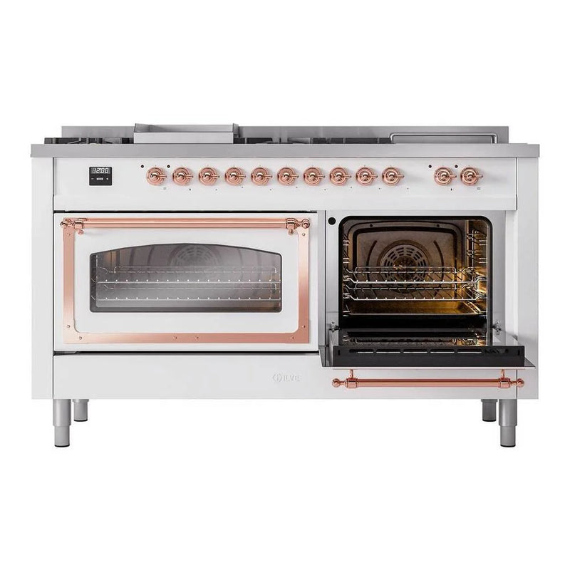 ILVE Nostalgie II Noblesse 60" Dual Fuel Freestanding Range in White with Copper Trim, UN60FSNMPWHPLP