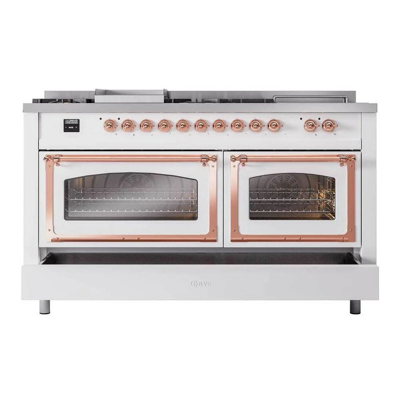ILVE Nostalgie II Noblesse 60" Dual Fuel Freestanding Range in White with Copper Trim, UN60FSNMPWHPLP