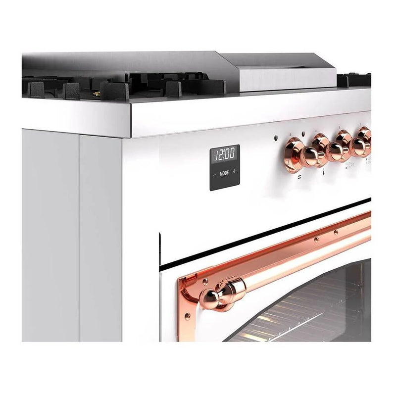 ILVE Nostalgie II Noblesse 60" Dual Fuel Freestanding Range in White with Copper Trim, UN60FSNMPWHPLP