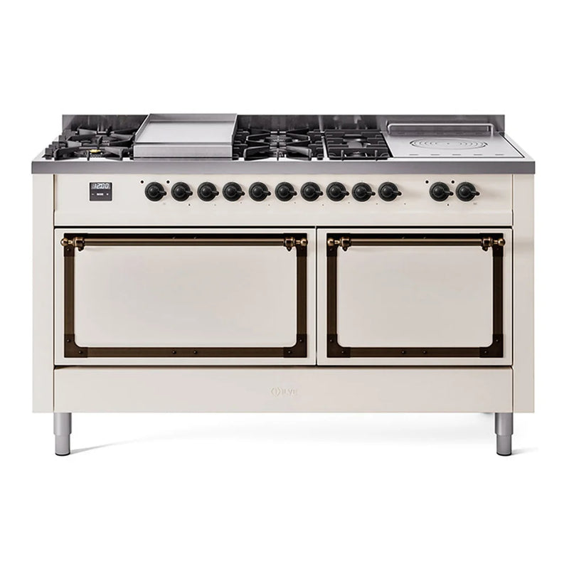 ILVE Nostalgie II Noblesse 60" Dual Fuel Freestanding Range in Antique White with Burnished Trim, UN60FSQNMPAWB