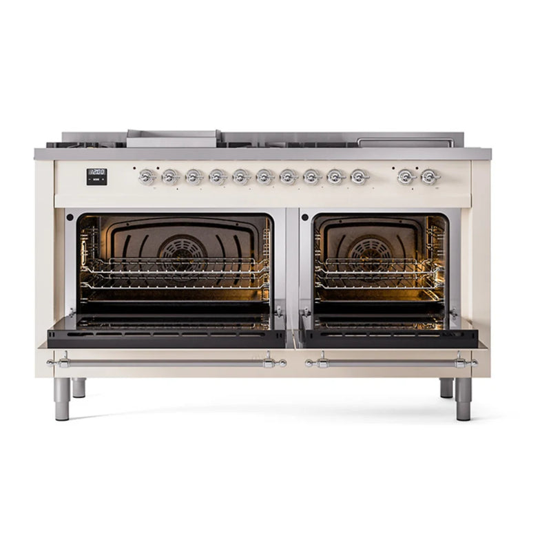 ILVE Nostalgie II Noblesse 60" Dual Fuel Freestanding Range in Antique White with Chrome Trim, UN60FSQNMPAWCLP