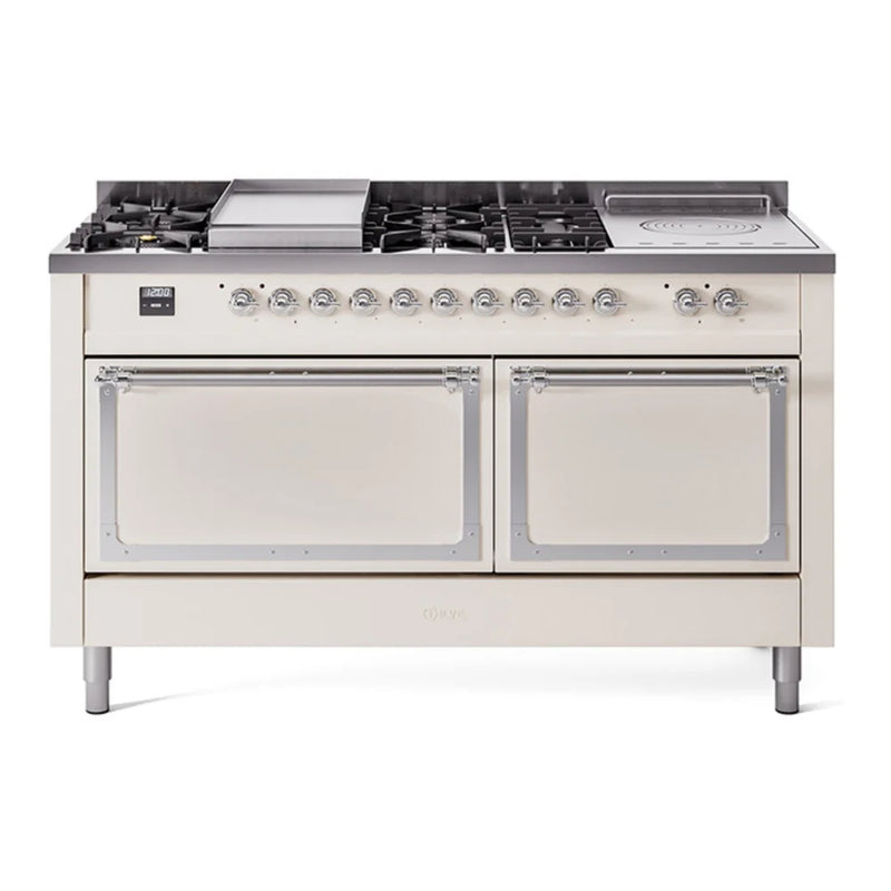 ILVE Nostalgie II Noblesse 60" Dual Fuel Freestanding Range in Antique White with Chrome Trim, UN60FSQNMPAWC
