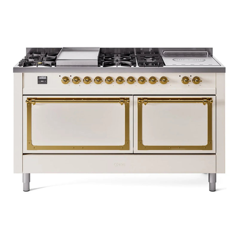 ILVE Nostalgie II Noblesse 60" Dual Fuel Freestanding Range in Antique White with Brass Trim, UN60FSQNMPAWG