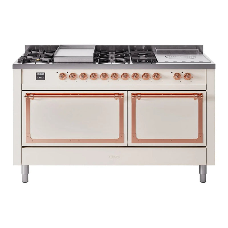 ILVE Nostalgie II Noblesse 60" Dual Fuel Freestanding Range in Antique White with Copper Trim, UN60FSQNMPAWP