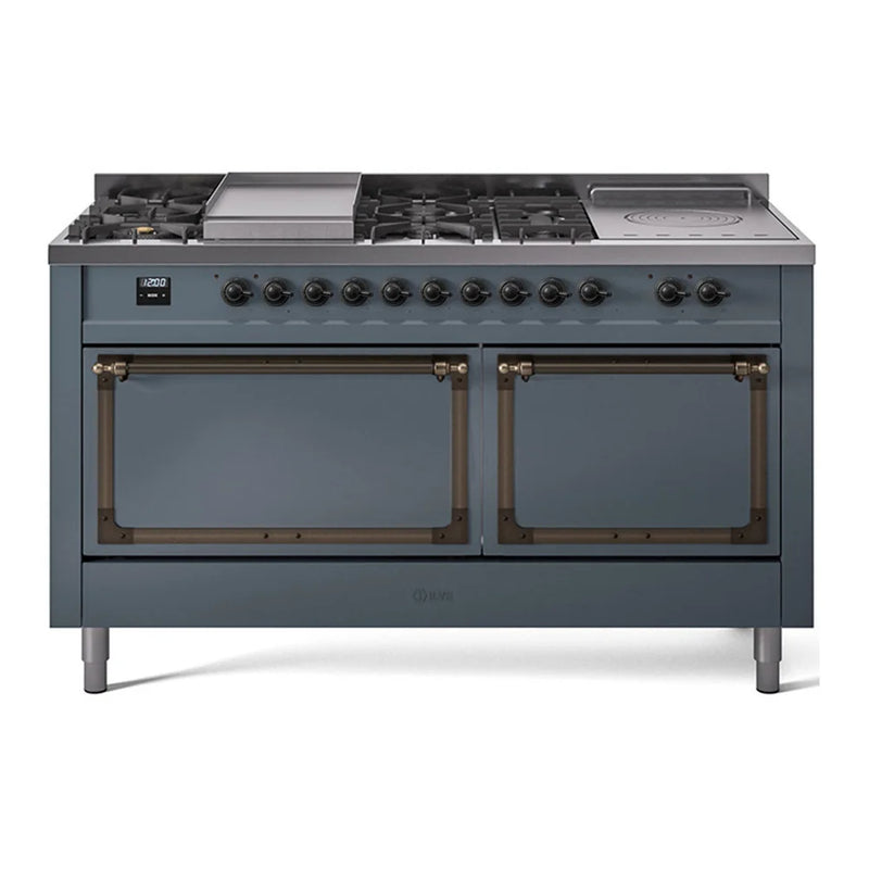ILVE Nostalgie II Noblesse 60" Dual Fuel Freestanding Range in Blue Grey with Burnished Trim, UN60FSQNMPBGBLP