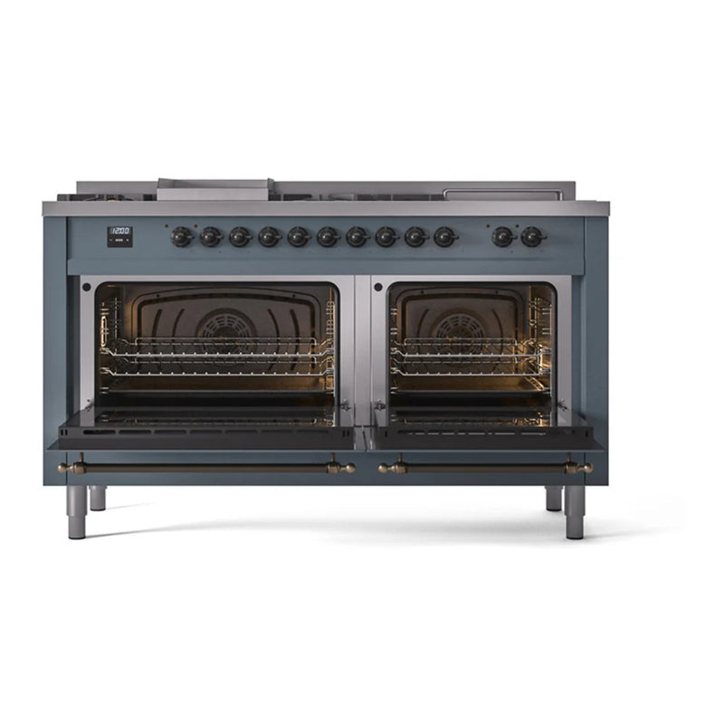 ILVE Nostalgie II Noblesse 60" Dual Fuel Freestanding Range in Blue Grey with Burnished Trim, UN60FSQNMPBGB