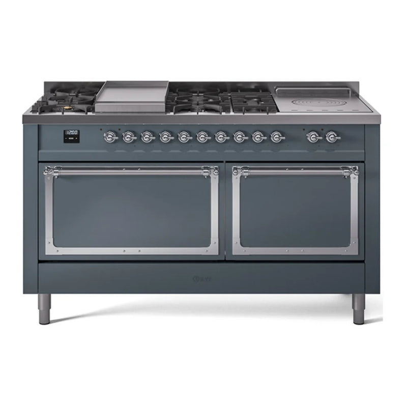 ILVE Nostalgie II Noblesse 60" Dual Fuel Freestanding Range in Blue Grey with Chrome Trim, UN60FSQNMPBGC