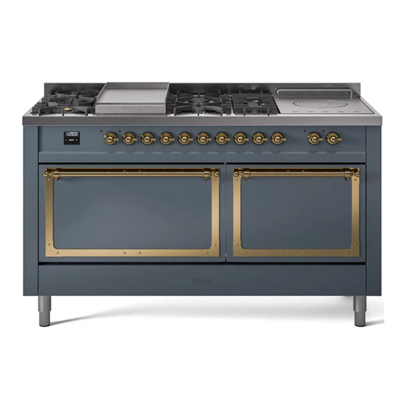 ILVE Nostalgie II Noblesse 60" Dual Fuel Freestanding Range in Blue Grey with Brass Trim, UN60FSQNMPBGGLP
