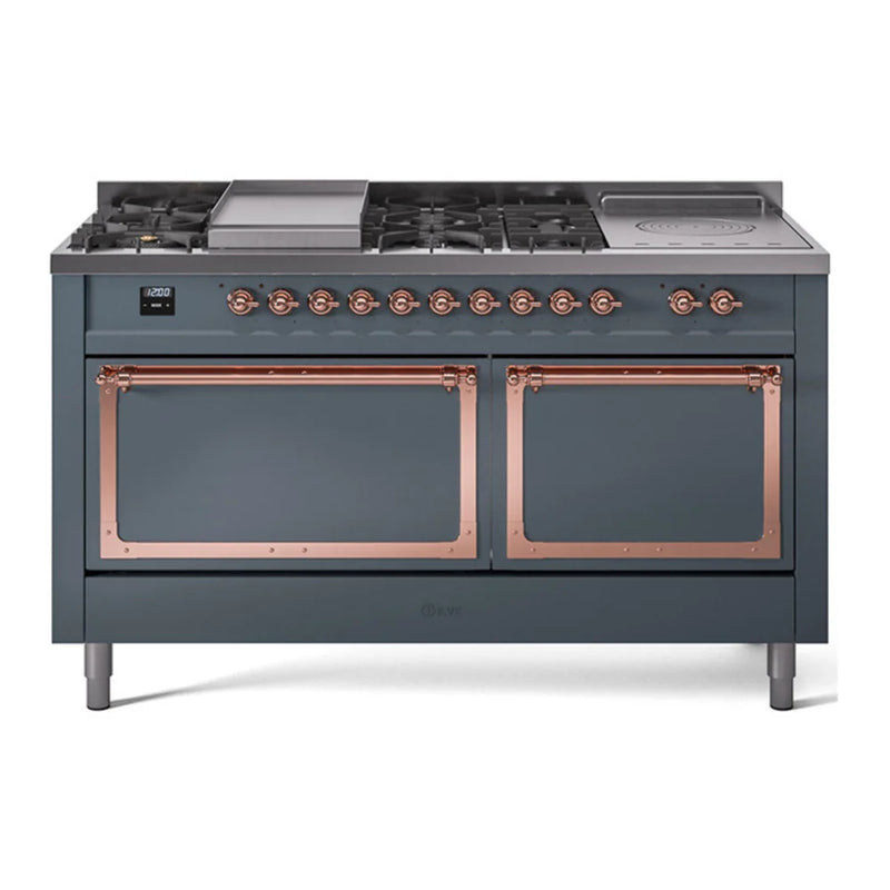 ILVE Nostalgie II Noblesse 60" Dual Fuel Freestanding Range in Blue Grey with Copper Trim, UN60FSQNMPBGPLP