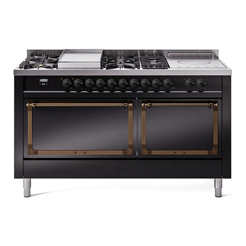 ILVE Nostalgie II Noblesse 60" Dual Fuel Freestanding Range in Glossy Black with Burnished Trim, UN60FSQNMPBKB